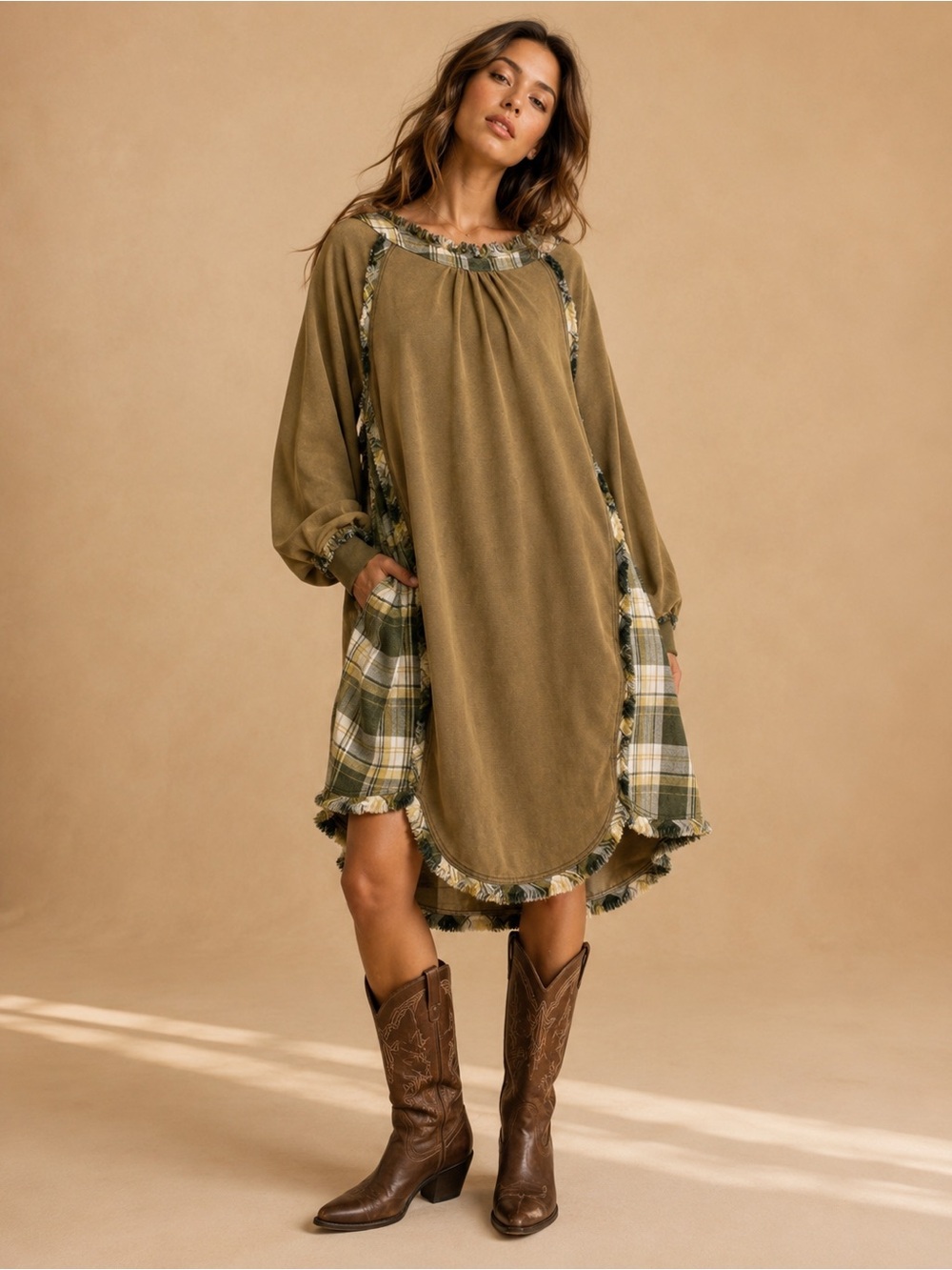Olive Plaid Panel Longline Dress
